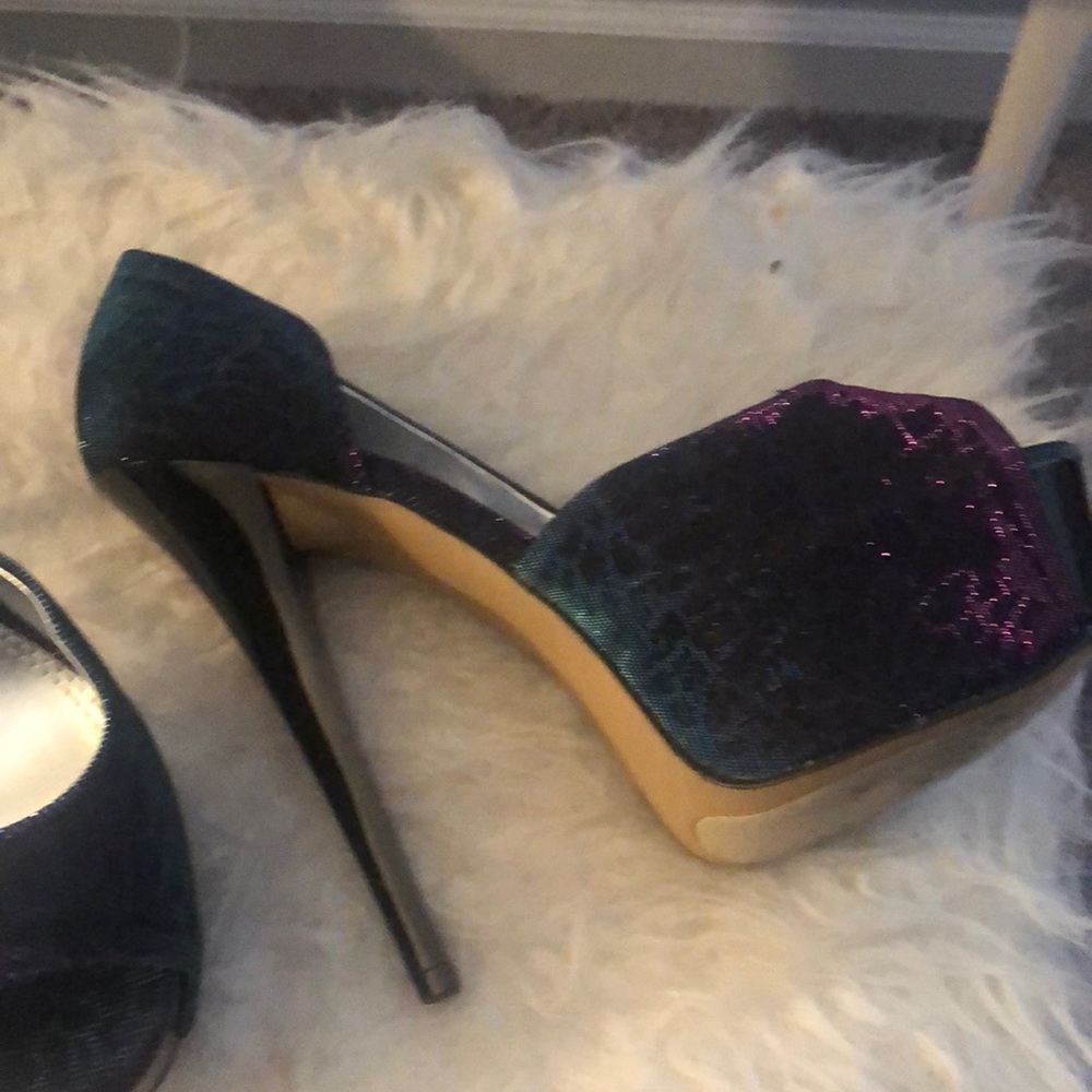 Iridescent peep toe high heels